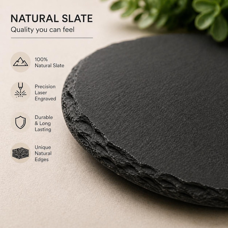 May include: A round, natural slate serving board with unique, rough edges. The dark gray surface has a textured appearance. Text on the image reads "NATURAL SLATE" and "Quality you can feel". Additional text describes the slate as "100% Natural Slate", "Precision Laser Engraved", and "Durable & Long Lasting".
