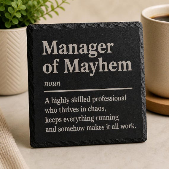 Manager of Mayhem Funny Slate Coaster Gift | Office Humor Desk Decor | Boss Gift Idea | Coworker Present | Work Gift UK