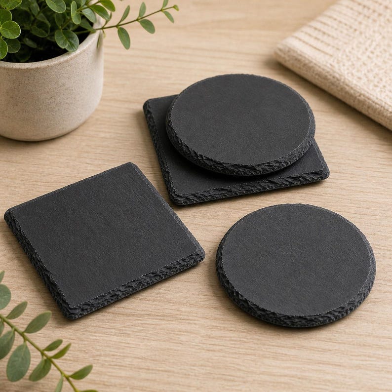 May include: A collection of black slate coasters in various shapes: square and round. The coasters have a rough, textured edge and sit on a light wood surface. A small potted plant and a folded beige cloth are in the background.