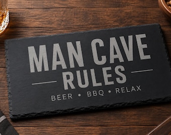 Man Cave Rules Slate Sign | BBQ Gift For Dad | Garage Bar Decor | Masculine Slate Plaque | Beer BBQ Relax Gift