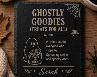 Cadeau d'Halloween pour le bureau | Sous-verre « Friandises fantomatiques » | Cadeau personnalisé pour collègue | Décoration de bureau amusante pour Halloween | Sous-verre en ardoise