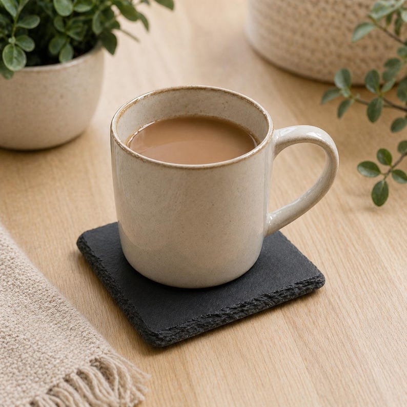 May include: A beige ceramic mug filled with a light brown liquid, resting on a square black slate coaster. The mug has a rounded shape and a handle. The coaster has a rough, textured edge. A small plant in a beige pot is in the background.