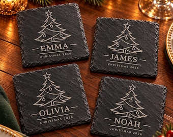 Dessous de verre personnalisés en ardoise pour Noël (lot de 4 ou 6) | Marque-places avec nom de famille | Cadeau de table de Noël gravé (Royaume-Uni)