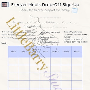 Op de afbeelding: Een afdrukbaar aanmeldformulier voor diepvriesmaaltijden, met een blauw raster voor maaltijddetails en secties voor voedingsbehoeften en aflevervoorkeuren. De tekst bevat "Freezer Meals Drop-Off Sign-Up" en "Stock the freezer, support the family."