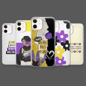 Puede incluir: Una colección de fundas para teléfonos con varios diseños. Una funda presenta el texto "I LOVE MYSELF NO MATTER WHAT YOU". Otra muestra una ilustración de una persona con cabello morado. Otras fundas tienen gráficos y texto, incluyendo "GENDER KILLS MY VIBE" y "NARY RIGHTS HUMAN RIGHTS".