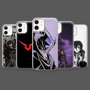 May include: Five phone cases with anime-style illustrations. The cases showcase different character designs, including a black and red logo, and images with purple and black colour schemes. The cases are designed to fit a smartphone.