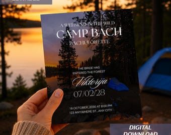 Modèle d'invitation pour un enterrement de vie de jeune fille en camping | Invitation imprimable pour un enterrement de vie de jeune fille en camping | Modèle modifiable | Enterrement de vie de jeune fille en glamping