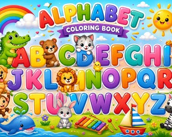 Dibujos para colorear del alfabeto animal para niños, PDF imprimible de la A a la Z, actividad de aprendizaje para niños pequeños en edad preescolar, hojas para colorear, descarga instantánea.