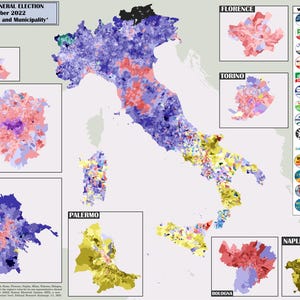 May include: A detailed map of Italy illustrating the 2022 Italian General Election results, broken down by precinct and municipality. The map uses a colour-coded system to represent different political parties, with city insets and a vote share chart.