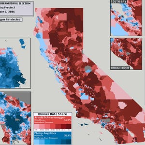 May include: A map of California illustrating the 2006 gubernatorial election results by precinct. The map uses red and blue to show the winner's vote share. Insets display results for major cities. Text indicates Schwarzenegger was re-elected.