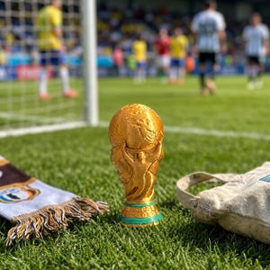 May include: A gold-colored trophy with a globe design, set on a green base, sits on a green field. A scarf with brown and white details and a canvas bag are also visible. The background shows a soccer field with players.