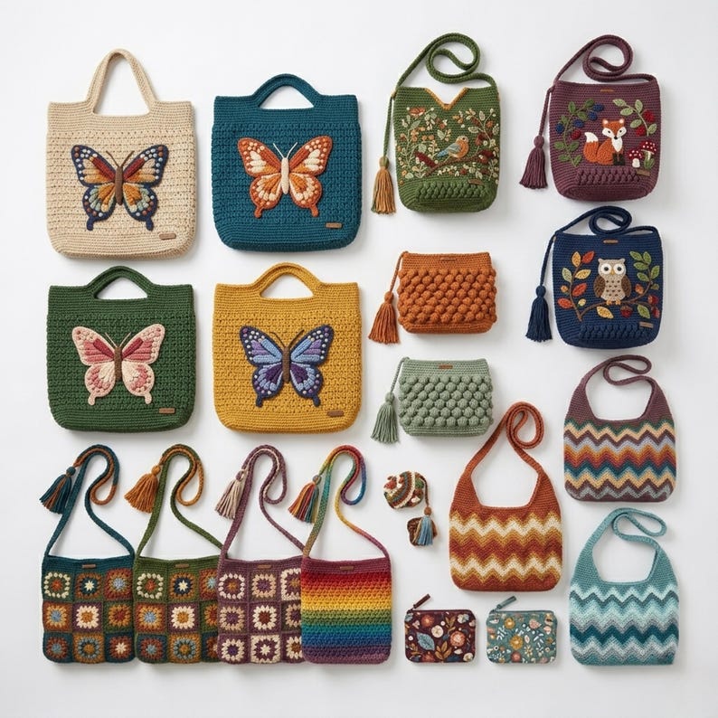 May include: A selection of crochet bags and purses in diverse colours and designs. Includes tote bags with butterfly appliqu&eacute;s, shoulder bags with floral and animal motifs, and small coin purses. The bags feature tassels and geometric patterns.