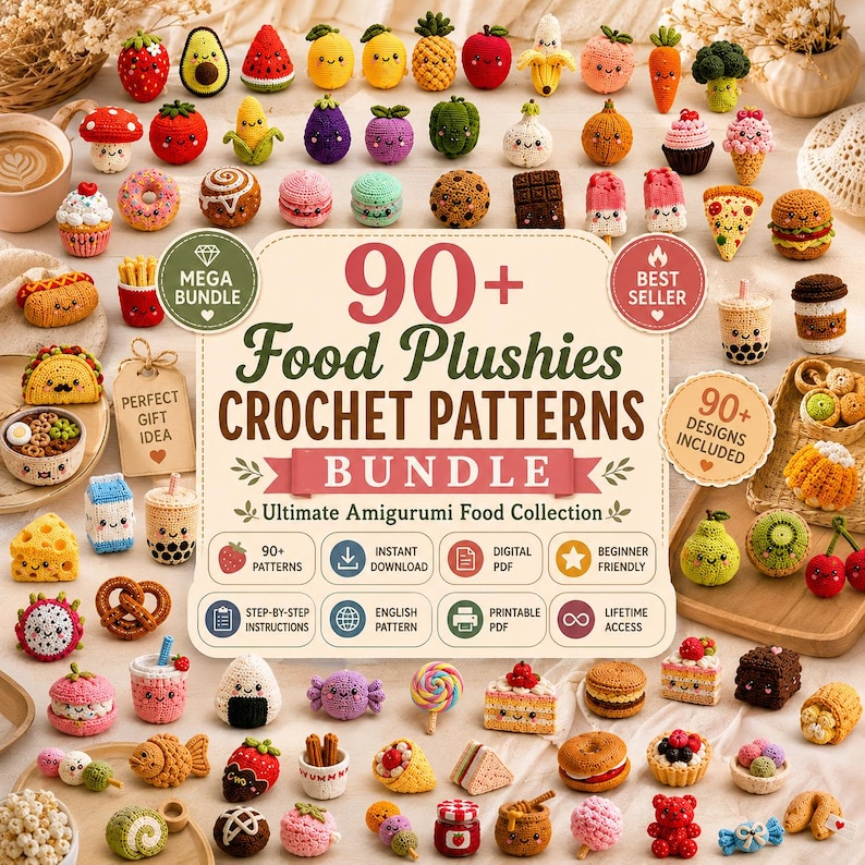May include: A collection of over 90 crochet food plushies including fruits, vegetables, desserts, and snacks surrounding a central sign that reads 90+ Food Plushies CROCHET PATTERNS BUNDLE Ultimate Amigurumi Food Collection with various icons.
