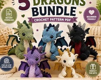Op de afbeelding: Een digitale bundel met 5 haakpatronen voor draken, met vijf kleine, gevulde draakjes in de kleuren groen, blauw, zwart, paars en crème. De afbeelding bevat de tekst 5 DRAGONS BUNDLE, CROCHET PATTERN PDF, INSTANT DOWNLOAD en BEGINNER FRIENDLY.