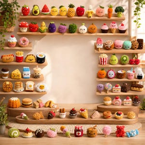 May include: A collection of small, colourful crocheted amigurumi figures shaped like various foods, fruits, vegetables, and desserts, arranged on wooden shelves and a flat surface, each featuring a simple embroidered smiling face.