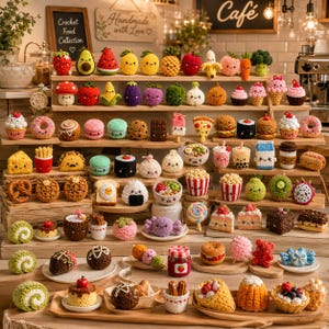 May include: A large collection of miniature crocheted food items arranged on wooden tiered shelves. The assortment includes various fruits, vegetables, desserts, snacks, and drinks, each featuring small embroidered faces and colourful yarn textures.