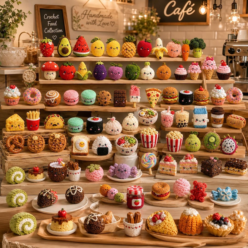 May include: A large collection of miniature crocheted food items arranged on wooden tiered shelves. The assortment includes various fruits, vegetables, desserts, snacks, and drinks, each featuring small embroidered faces and colourful yarn textures.