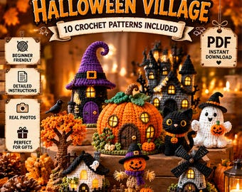 Op de afbeelding: Een verzameling van tien haakpatronen voor een Halloween-dorp, met een paars heksenhuis, een pompoenhuis, een zwarte kat, een spook, een vogelverschrikker en een windmolen. De tekst luidt THE ULTIMATE HALLOWEEN VILLAGE 10 CROCHET PATTERNS.