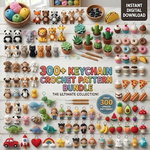 Puede incluir: Una colección de llaveros de ganchillo hechos a mano, que incluyen animales, alimentos y personas. La imagen presenta una variedad de diseños coloridos, como un coche, un cohete y un corazón. El texto dice "300+ KEYCHAIN CROCHET PATTERN BUNDLE".