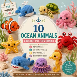 Puede incluir: Una colección de diez animales marinos tejidos a ganchillo que incluye una ballena azul, tortuga verde, pulpo rosa, pez payaso naranja, estrella de mar amarilla, cangrejo rojo, tiburón azul, medusa morada y un caballito de mar amarillo.