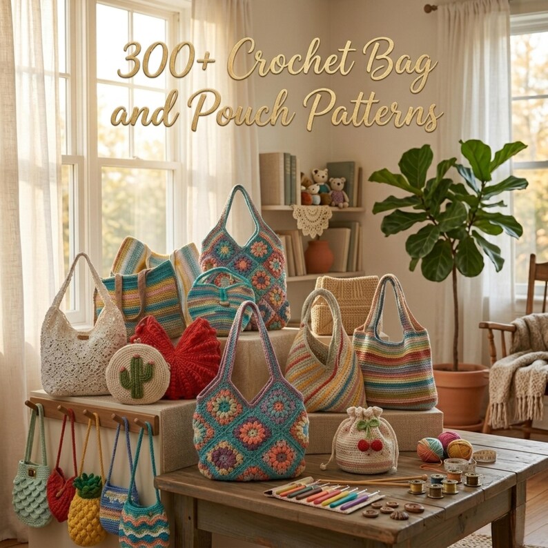 May include: A display of handmade crochet bags and pouches in various styles and colours. The image shows tote bags, shoulder bags, and small pouches with detailed patterns. The text "300+ Crochet Bag and Pouch Patterns" is displayed at the top of the image.