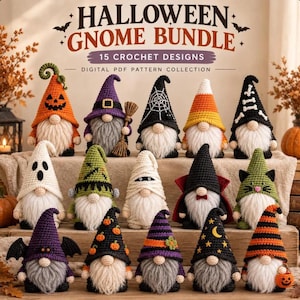 Könnte beinhalten: Eine Sammlung von 15 Häkel-Gnom-Designs mit dem Titel Halloween Gnome Bundle. Das Bild zeigt 15 einzigartige, handgefertigte Gnomen mit verschiedenen thematischen Hüten, darunter Kürbisse, Geister, Mumien und Hexen, alle mit langen weißen Bärten.