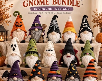 Op de afbeelding: Een collectie van 15 gehaakte kabouterontwerpen genaamd Halloween Gnome Bundle. De afbeelding toont 15 unieke handgemaakte kabouters met diverse themahoeden, waaronder pompoenen, spoken, mummies en heksen, allemaal met lange witte baarden.