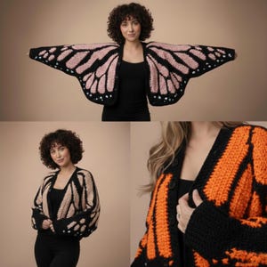 May include: A black, pink, and white butterfly wing-shaped cardigan. The open-front sweater features a button closure and is made of a chunky knit material. The wings are detailed with pink and white patterns, creating a unique and whimsical design.