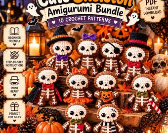 Op de afbeelding: Een digitaal PDF-pakket met 10 haakpatronen voor amigurumi-skeletten. De afbeelding toont tien kleine, gehaakte skeletfiguurtjes met diverse accessoires zoals hoeden, strikken en sjaals, gerangschikt op een houten ondergrond met pompoenen.