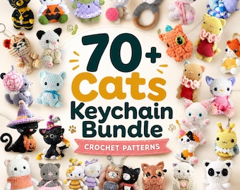 Op de afbeelding: Een digitale collectie van 70+ haakpatronen voor kattensleutelhangers met diverse kleurrijke figuren van garen, waaronder zwarte katten met pompoenen, bijen en bloemmotieven, met de tekst 70+ Cats Keychain Bundle CROCHET PATTERNS.