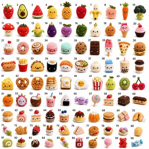 May include: A collection of 90 small, crocheted amigurumi figures arranged in a grid, featuring various foods like fruits, vegetables, desserts, and snacks, each with a simple embroidered smiling face and numbered from 1 to 90 for identification.