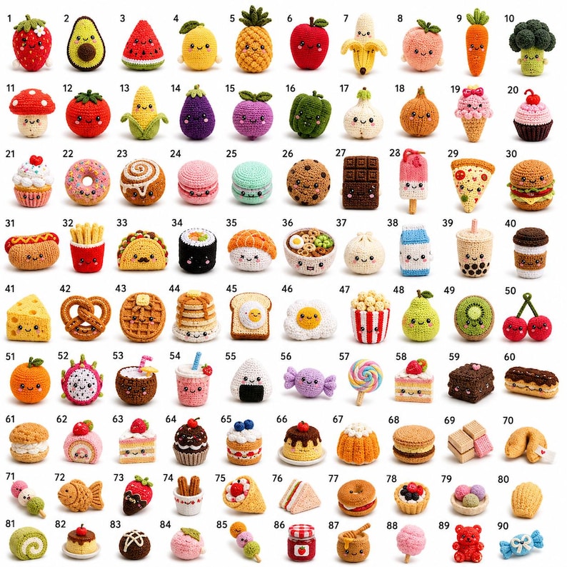 May include: A collection of 90 small, crocheted amigurumi figures arranged in a grid, featuring various foods like fruits, vegetables, desserts, and snacks, each with a simple embroidered smiling face and numbered from 1 to 90 for identification.