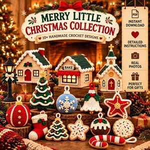 Pacchetto di modelli per mini villaggi natalizi all'uncinetto (10+ disegni) / Casette amigurumi, decorazioni per biscotti di pan di zenzero, calze natalizie / Decorazioni per le feste (PDF)