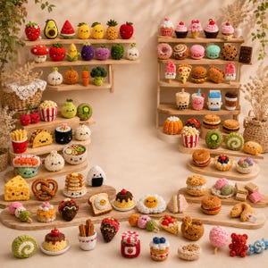 May include: A large collection of miniature crocheted food items, including fruits, vegetables, desserts, and snacks, arranged on wooden shelves and surfaces, each featuring a small embroidered smiling face and colourful yarn details.