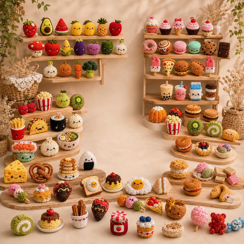May include: A large collection of miniature crocheted food items, including fruits, vegetables, desserts, and snacks, arranged on wooden shelves and surfaces, each featuring a small embroidered smiling face and colourful yarn details.