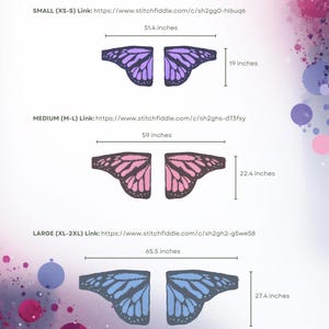 May include: A page displaying butterfly wing designs in three sizes: small (51.4 inches wide, 19 inches high), medium (59 inches wide, 22.4 inches high), and large (65.5 inches wide, 27.4 inches high). Each design is a pair of wings in purple, pink, and blue.