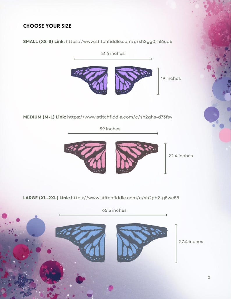 May include: A page displaying butterfly wing designs in three sizes: small (51.4 inches wide, 19 inches high), medium (59 inches wide, 22.4 inches high), and large (65.5 inches wide, 27.4 inches high). Each design is a pair of wings in purple, pink, and blue.