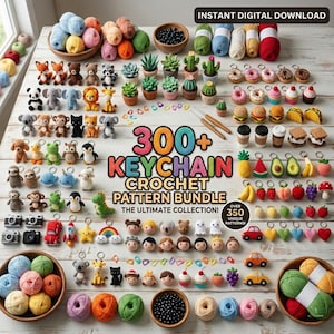 Puede incluir: Una colección de patrones de llaveros de ganchillo, que incluyen animales, comida y otros objetos. La imagen presenta hilo, ganchillos y el texto "300+ KEYCHAIN CROCHET PATTERN BUNDLE." La colección incluye más de 350 patrones únicos.