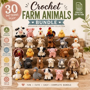 Crochet Farm Animals Pattern Pack Amigurumi PDF Patterns Cow Pig Chicken Sheep Horse Beginner Easy Digital Download