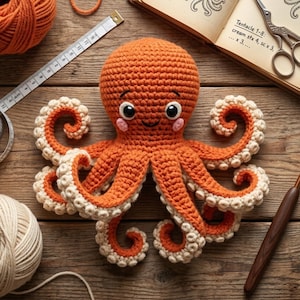May include: A handmade orange crochet octopus with cream-colored tentacle tips. The octopus has a smiling face with rosy cheeks and large, expressive eyes. A measuring tape, yarn, and crochet hook are visible, suggesting a craft project.