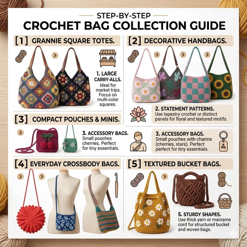 May include: A step-by-step guide to crochet bag designs, including Grannie Square totes, decorative handbags, compact pouches, crossbody bags, and textured bucket bags. The guide showcases bags with floral and geometric patterns, and small pouches with charms.