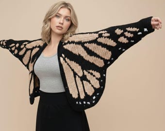 Wzór na szydełkowy kardigan z motylem monarchą, obszerny sweter ze skrzydłami Wzór na szydełkowy motyl monarcha, DIY, naturalny, modny prezent dla szydełkującego