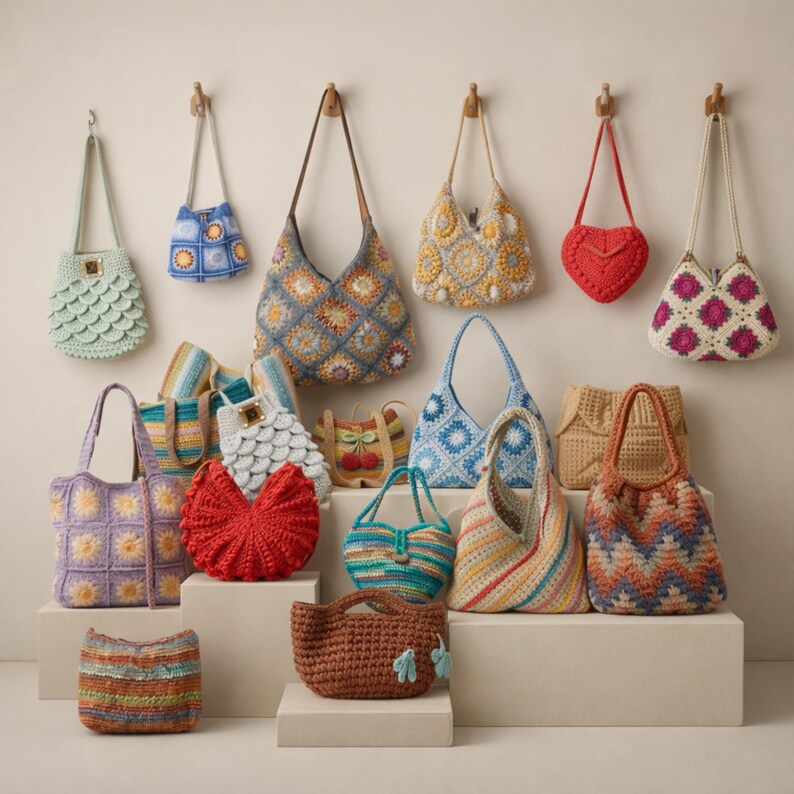 May include: A selection of handcrafted crochet bags in diverse styles and shades. The bags feature shoulder bags, totes, and small purses, with designs from floral patterns to geometric shapes. The colour palette includes pastels, vibrant hues, and earthy tones. Measurements are in cm.
