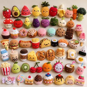 May include: A collection of small, crocheted amigurumi figures featuring various foods, fruits, vegetables, and desserts. Each item has a stitched smiling face with black eyes and a small mouth, crafted in vibrant colours including red, yellow, green, and brown.