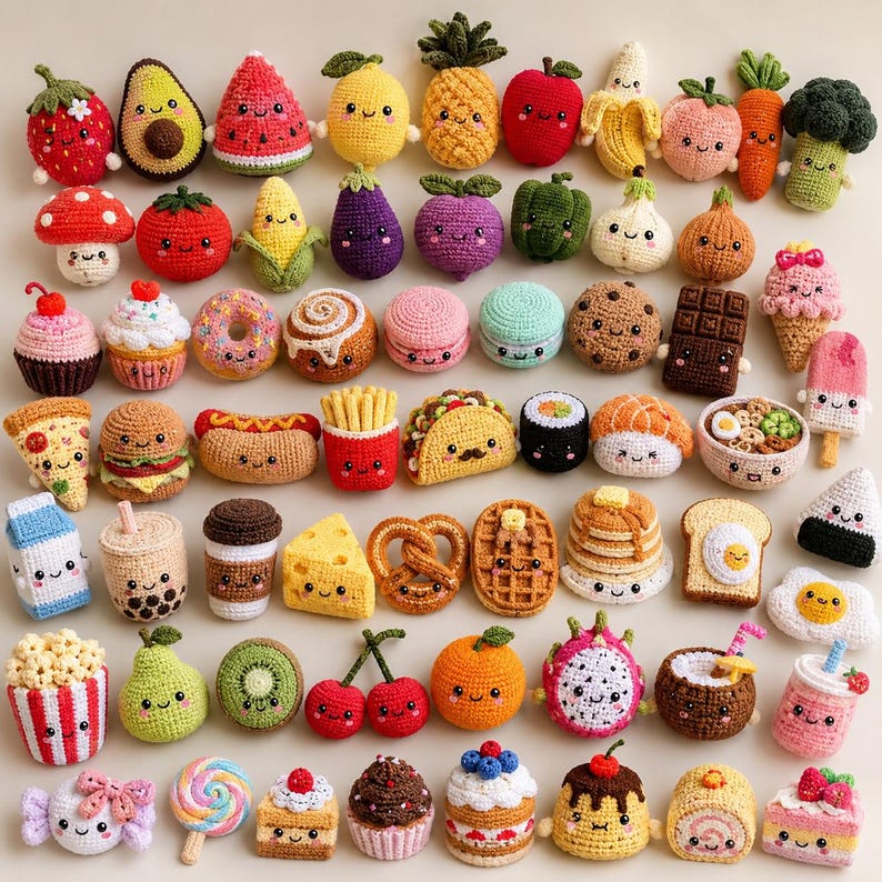 May include: A collection of small, crocheted amigurumi figures featuring various foods, fruits, vegetables, and desserts. Each item has a stitched smiling face with black eyes and a small mouth, crafted in vibrant colours including red, yellow, green, and brown.