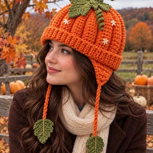May include: A bright orange crocheted pumpkin hat with a ribbed texture, featuring a green crocheted stem and leaves on top. The hat includes two long braided orange ties hanging down, each finished with a small green crocheted leaf at the end.