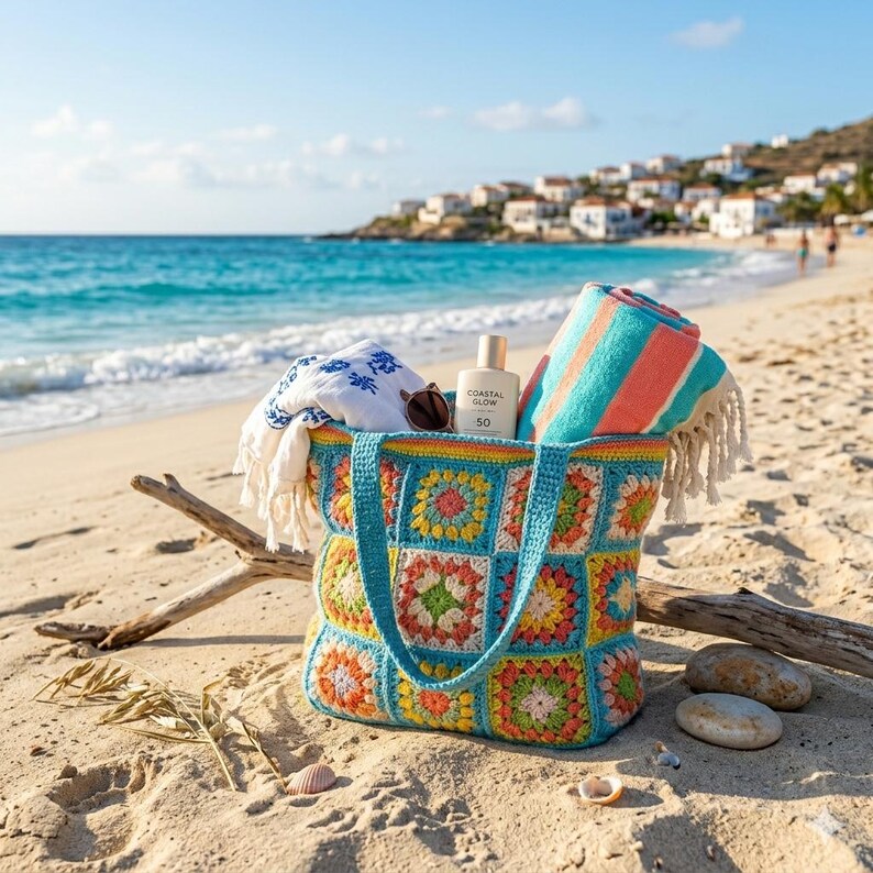May include: A vibrant, crocheted beach bag, filled with beach items, rests on a sandy beach. The bag has a patchwork design in various colours. Inside are a rolled striped towel, a white towel, sunglasses, and a bottle of sunscreen.