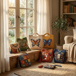 May include: A selection of colourful, handcrafted crochet bags and purses. The bags feature embroidered designs of butterflies, birds, foxes, and owls. Tassels and decorative details add to the charm of these unique accessories. The bags are displayed near a window.