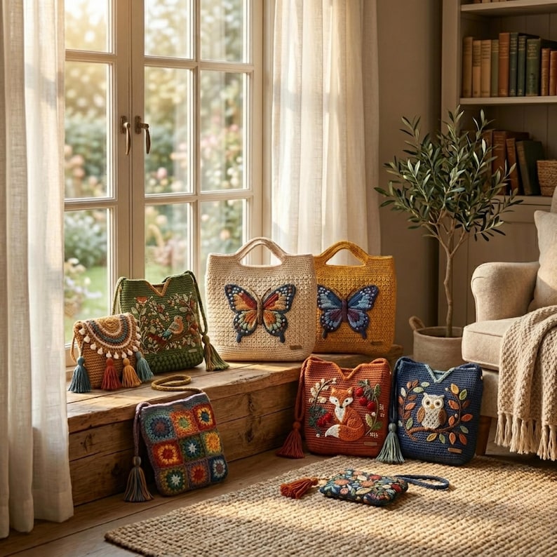 May include: A selection of colourful, handcrafted crochet bags and purses. The bags feature embroidered designs of butterflies, birds, foxes, and owls. Tassels and decorative details add to the charm of these unique accessories. The bags are displayed near a window.