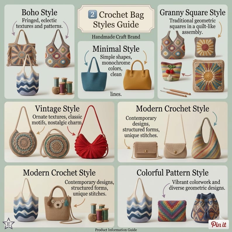 May include: A guide to crochet bag styles, featuring Boho, Minimal, Vintage, Modern, and Colorful Pattern designs. The image presents examples of each style, emphasizing textures, shapes, and colour schemes. The guide is from a handmade craft brand.